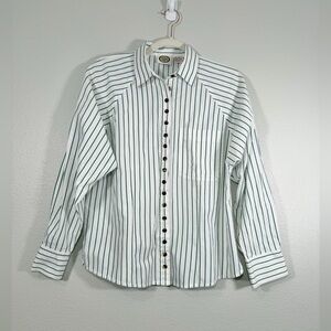 Picket and Post Shirt Button Down Green Stripe Brown Button Christmas Women 12